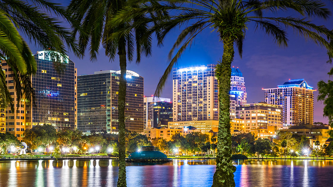 orlando florida, skyline, lake eola, cityscape, skyscrapers, reflections, water, night